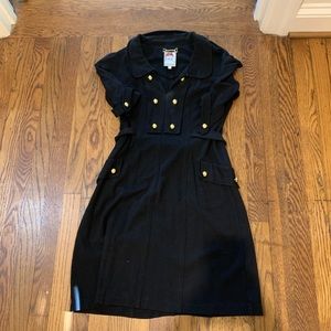 Very professional black work dress with large gold buttons.